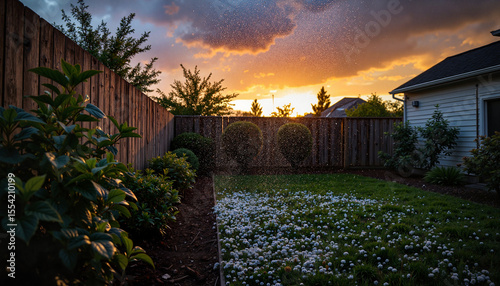 Hailstones hitting garden during sunset, extreme weather impact