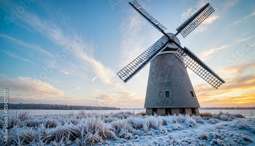 Frost-covered windmill at dawn, serene rural landscape