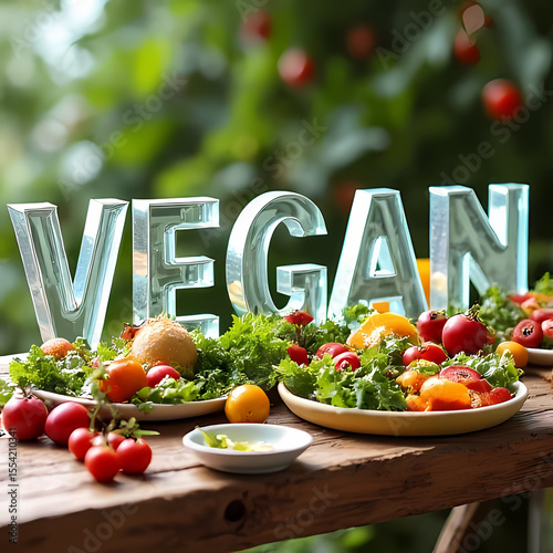 Dining Table with Vegan Glass Letters and Vegetables

