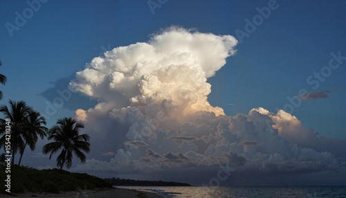 Dramatic cloud formation over tropical beach at sunset, nature's power