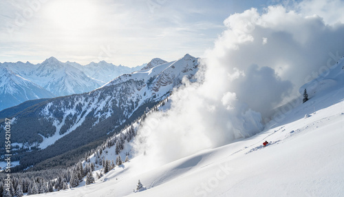 Avalanche roaring down mountain in alpine area, extreme weather impact