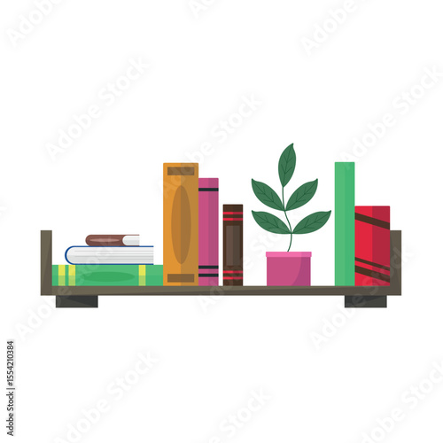 Shelf icon with books and plant on white background. Literature, classics. Education, knowledge.