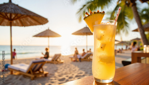 Tropical piña colada served beachside at sunset, summer celebration