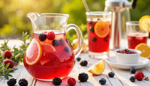 Vibrant fruity sangria in glass pitcher on outdoor table, summer refreshment