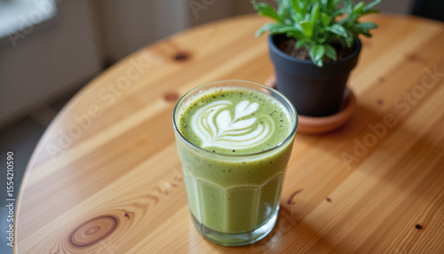Iced matcha latte on wooden café table, summer refreshment