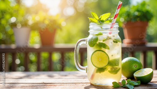 Chilled mojito cocktail in mason jar on patio bar, summer refreshment