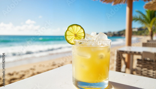 Icy margarita with lime slice on seaside table, summer refreshment