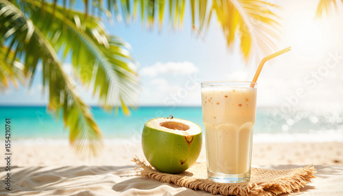 Refreshing coconut water drink on tropical beach, summer bliss
