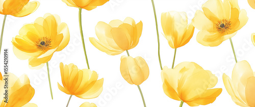 On a light background, multiple yellow flowers bloom, fresh and bright, creating a natural floral atmosphere.