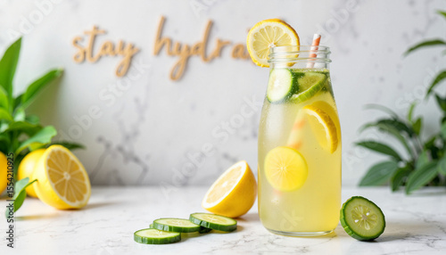 Refreshing lemon cucumber detox water in glass jug, summer hydration