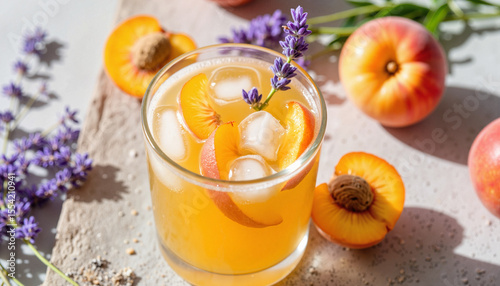 Chilled apricot iced tea with lavender on rustic table, summer refreshment
