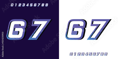 Racing number 67 in purple on a white and black background