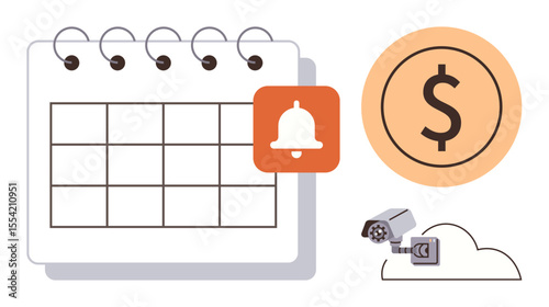 Calendar with notification bell for alerts, dollar sign symbolizing finance, surveillance camera in cloud storage suggests security. Ideal for planning, budget tracking, security, alerts, time