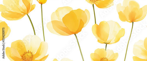 On a light background, multiple yellow flowers bloom, fresh and bright, creating a natural floral atmosphere.