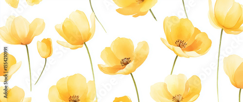 On a light background, multiple yellow flowers bloom, fresh and bright, creating a natural floral atmosphere.