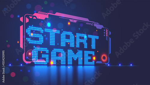 Start game. Banner or poster for club of video game with title start game. computer video game interface border in cyberspace with neon pixels letters. Concept banner or cover for retro gaming blog.