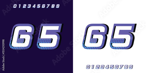 Racing number 65 in purple on a white and black background