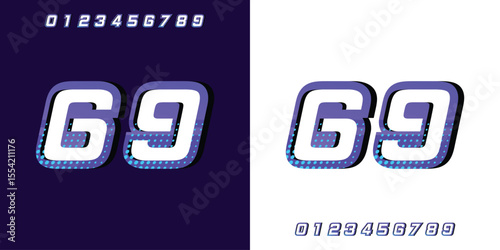 Racing number 69 in purple on a white and black background