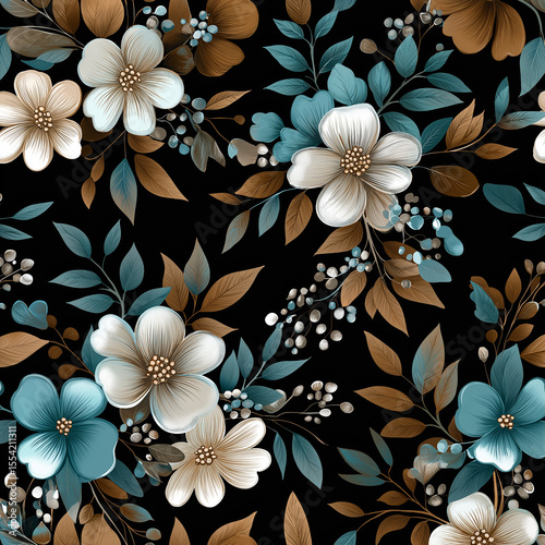 On a black background, blue - white flowers and brown - green leaves interweave, forming a retro and exquisite floral pattern.