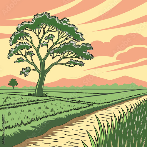 Serene Rice Paddy Landscape with Tree and Mountains a stylized illustration of a rural scene with a large tree rice fields mountains and a path
