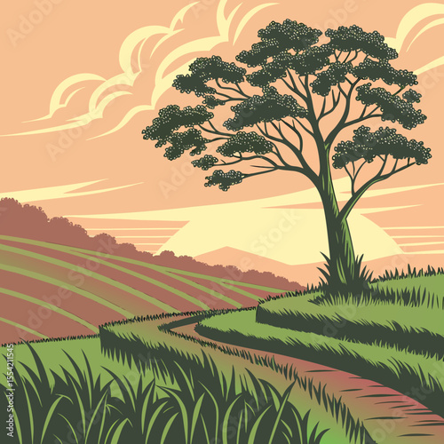 Stylized Landscape Illustration with Tree and Path featuring rolling hills a winding path and a large tree against a sunset sky in a flat graphic