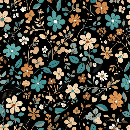 On a black background, colorful small flowers and green leaves interweave, forming a retro and exquisite floral pattern.