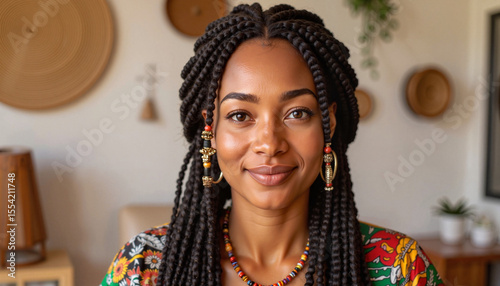 Smiling African woman with Fulani braids in ethnic decor, cultural pride