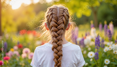 Girl with French braid gazing over blooming flowers in botanical garden, serenity