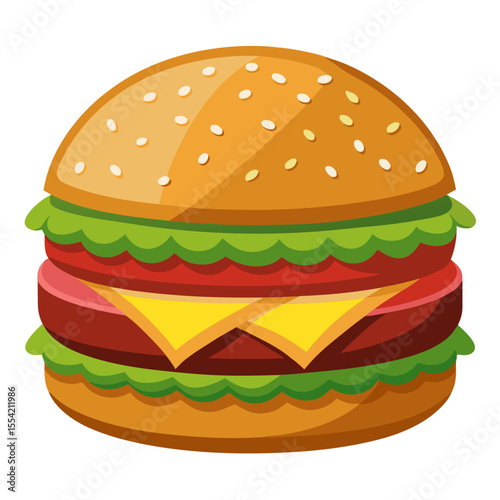 Delicious Cartoon Burger with Fresh Ingredients Perfect for Fast Food Menus and Children s Books Featuring Lettuce Tomato Cheese and a Sesame Seed Bun on