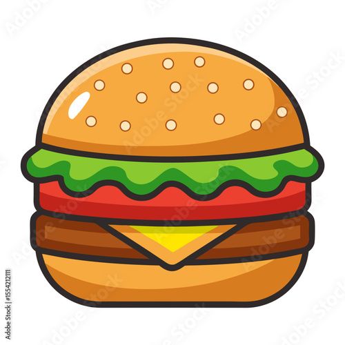 Cartoon Illustration of a Delicious Hamburger with Lettuce Tomato Cheese and a Patty on a Bun Perfect for Fast Food Restaurant Menus and Food Illustrations