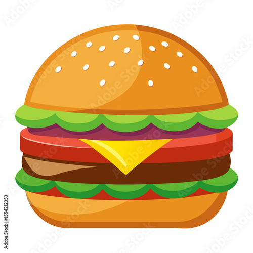 Delicious Burger Cartoon Illustration with Fresh Ingredients Including Lettuce Tomato Cheese and a Juicy Patty Perfect for Fast Food Menus and Culinary Designs on a