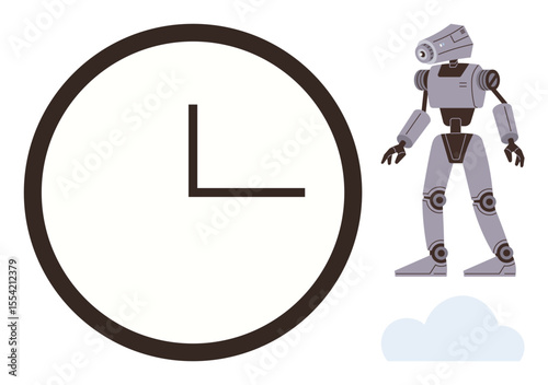 Large clock alongside futuristic robot conveys automation, time management, and productivity. Ideal for technology, robotics, efficiency, future concepts, innovation, AI advancements simple flat