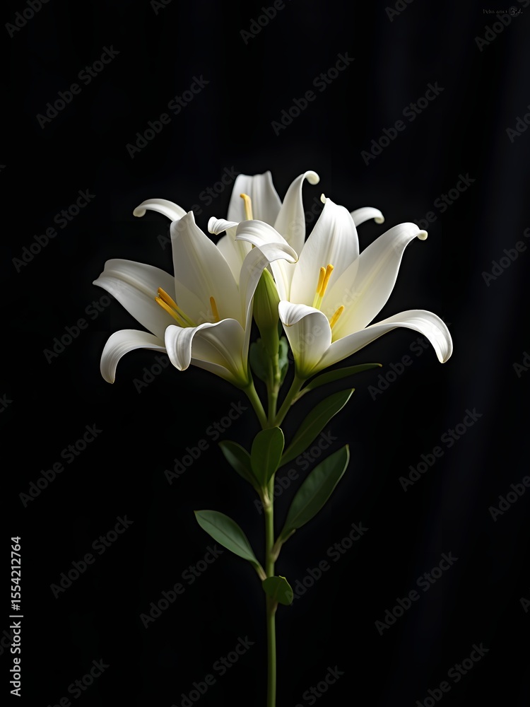 Fototapeta premium Elegant white lilies blooming against a deep black background botanical floral art ai generated