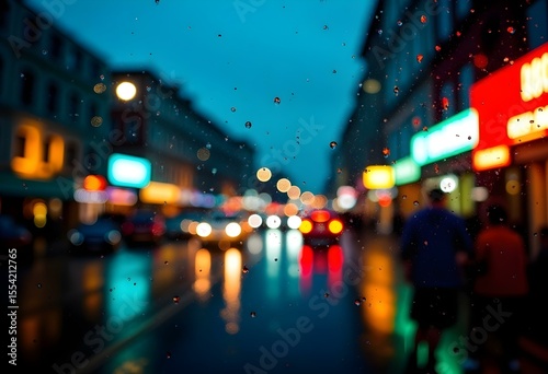 Rain on Window with Blurred City Street at Night – Atmospheric Urban Bokeh Background


