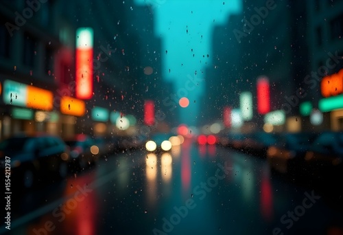 Rain on Window with Blurred City Street at Night – Atmospheric Urban Bokeh Background

