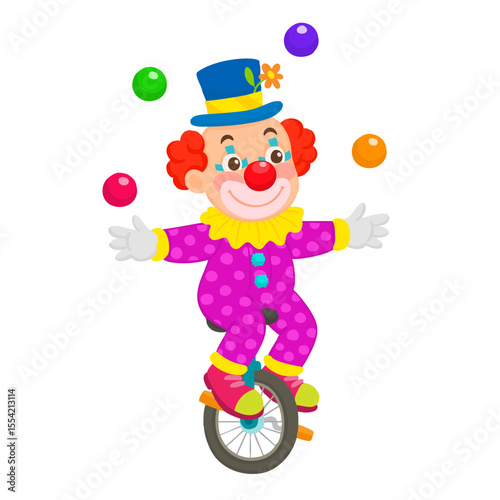 Clown juggling ball while riding unicycle one wheeled.