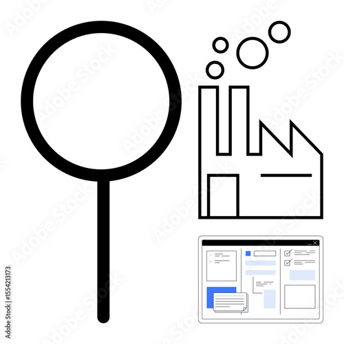 Magnifying glass near factory emitting vapors, accompanied by a webpage layout. Ideal for inspection, manufacturing, digital monitoring, quality control, innovation, compliance, simple flat metaphor