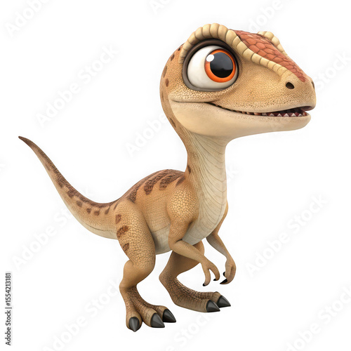 Cute cartoon baby velociraptor dinosaur standing and looking to the side isolated on transparent background