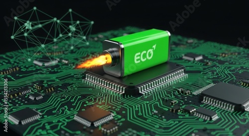 Green energy concept powering advanced technology with eco-friendly battery innovation accelerating digital transformation