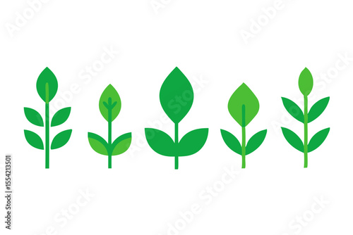 Five stylized green plants of varying sizes and leaf shapes on a black background