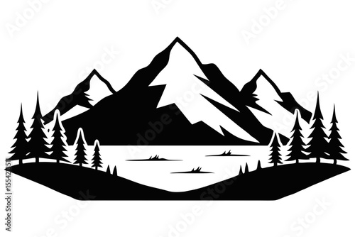 Stylized silhouette of majestic mountains reflected in a calm lake surrounded by pine trees