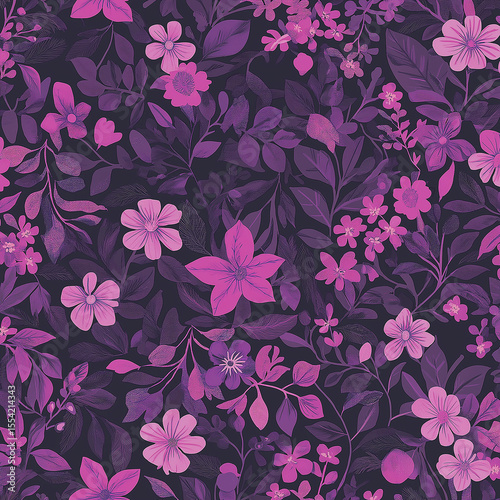 On a dark purple background, pink - purple flowers and branches/leaves interweave, forming a romantic and elegant floral pattern.