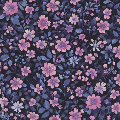 On a dark background, pink - purple flowers and small white flowers interweave, forming a fresh and elegant floral pattern.