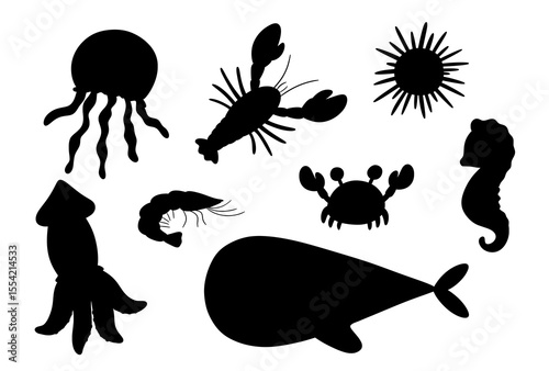 Cute sea whale, jellyfish and urchin silhouette. Ocean underwater animals isolated on white background
