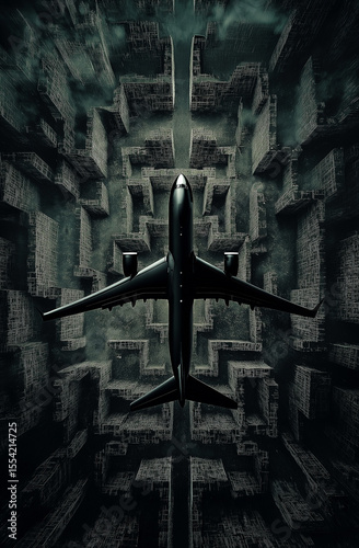 An airplane  s through a geometric - structured space, with a mysterious and sci - fi atmosphere, presenting a creative art scene.
