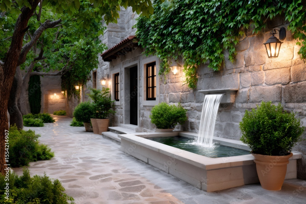 Naklejka premium Charming stone house with fountain, plants and lights in a peaceful courtyard