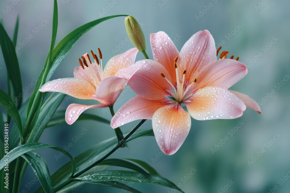 Fototapeta premium Two pink lilies blooming, showing their vibrant color and delicate petals with water drops