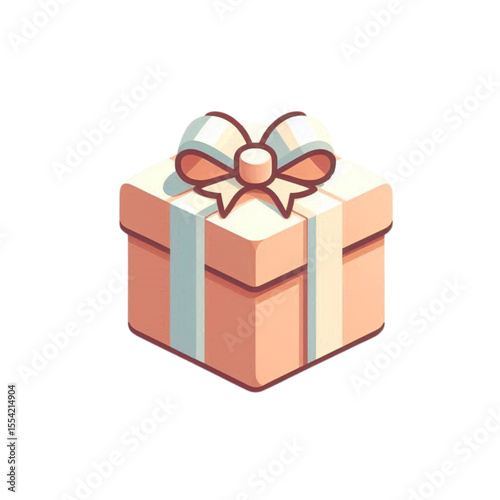 A stylized, light peach-colored gift box with a white ribbon and bow.