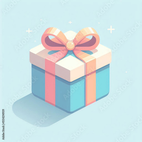 A light blue gift box with a pale pink ribbon bow, presented in a stylized 3D isometric design.