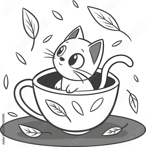 Cute cartoon cat character sips coffee or tea cup illustration with flowers